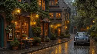 Rainy Autumn Jazz ☕ Vintage Coffee Shop with Classic Car | Cozy Evening Ambience