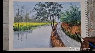 Beautiful Village Road Landscape Painting | Easy Acrylic Nature Painting Step by Step