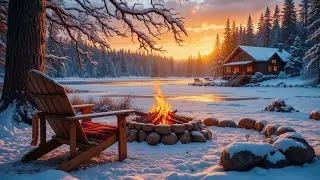 Peaceful Winter Sunset by the Lake ❄️🔥 Campfire Crackles & Calming Water Ambience
