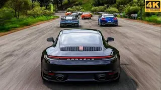 Porsche 911 Carera Vs Super Cars Drag Race ! Ferrari, Lambo, Audi R8, Dodge Challenger, Mustang GT