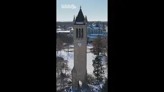 Snowy aerial view of Iowa State University central campus