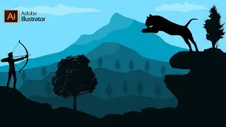 Drawing Flat Mountain Landscape with tiger attack - in adobe illustrator