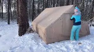 Solo Winter Camping in Heavy Snow ❄️ Girl Alone in Forest by the River 🌲 #Outdoors #camping #bus