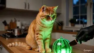 A cat watches a watermelon being cut