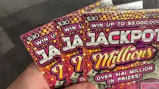 Бонусный выигрыш + символ удвоения выигрыша на билетах Jackpot Millions с джекпотом в 30 долларов.