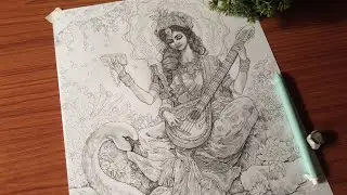 Drawing of Devi Saraswati || Pencil sketch. Structure to Final Transformation.