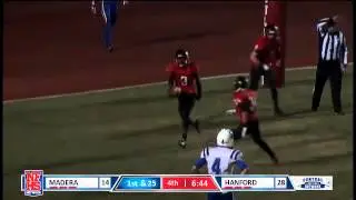 Hanford's #3 Juwuane Hughes snuffs out a Madera offensive drive with an INT in the endzone.