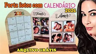 Porta fotos estilo madeira com calendário 2026 | molde grátis #388