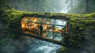 Building A Secret Room Inside A Tree Trunk Over A Waterfall (ASMR)