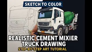 Sketch to Color Realistic Cement Mixer Truck Drawing  Step by Step Art Tutorial
