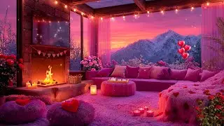 🎶 Valentine Night Jazz Ambience 💗 Cozy Pink Room, Fireplace and Soft Mountain Sunset  🌅