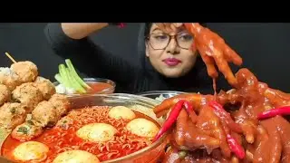 SPICY SOUPY NOODLES, EGG, CHICKEN FEET , ROASTED WHOLE CHICKEN, BLACK BEAN NOODLE 