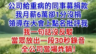 公司給重病的同事募捐款，我月薪6萬卻1分沒捐，領導在大會上點名批評我，我一句話沒反駁，當眾放出一段30秒錄音，全公司當場炸鍋！#為人處世#生活經驗#情感故事#故事#小說#戀愛#情感#婚姻