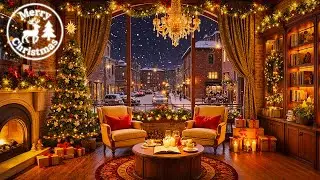 Warm Christmas Coffee Jazz in an Amber City Lounge ☕ Fireplace & Snowy Street View for Study & Work