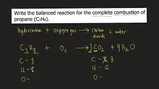 Write the balanced reaction for the complete combustion of propane (C3H8).