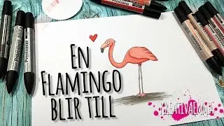F&ouml;r&auml;lskad Flamingo, illustration - fr&aring;n skiss till f&auml;rglagd med promarker pennor