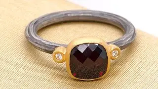 Faceted Checkerboard Garnet and Diamond Detailed Ring, 24kt Goldl and Textured Sterling Silver Band