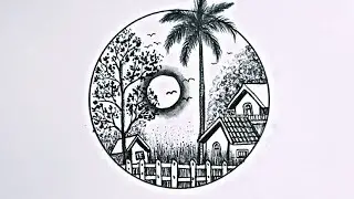 how to draw a village nature scenery in circle | circle scenery drawing easy