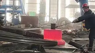 Drill a hole for this oversized cylindrical iron column, dangerous forging!