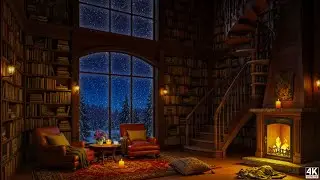 Winter Bookstore Ambience 📚❄️ Muffled Jazz Music Playing Slowly & Crackling Fireplace 4K