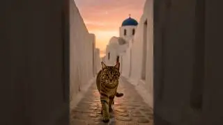 A Cat Wandering A Santorini at Sunset 🐾