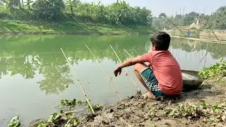 Unique fishing moment || traditional boys catching fish by hook fishing in the river 