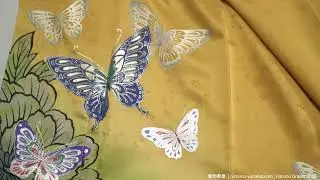 Golden Yellow & Black Furisode - High Quality Smooth Silk - Butterflies Traditional Japanese Kimono
