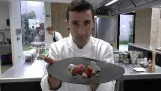 Eneko Atxa prepares a dessert with red fruits and almonds at Azurmendi