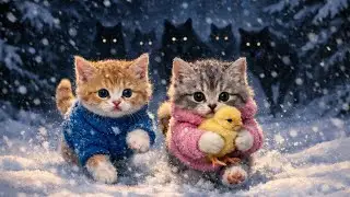 Cute kittens rescue a little chick at night in the snowy forest.
