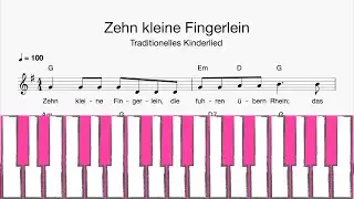 Klavier: Zehn kleine Fingerlein (Klaviatur, Melodie, Akkorde, Text)