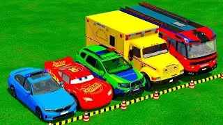 TRANSPORTING PIXAR CARS & FRUITS WITH COLORED & JOHN DEERE vs CLAAS vs TRACTORS - BeamNG.drive #983