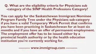 What are the eligibility criteria for Physicians sub-category of SINP Health Professions Category?