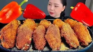 ASMR MUKBANG FRIED CHICKEN WINGS 🍗 CRISPY WITH SWEET BELL PEPPERS | COOKING & EATING SOUNDS
