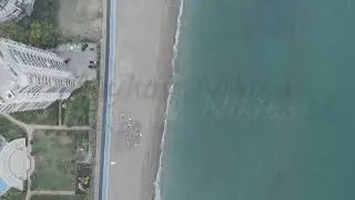 D-Log M. Mersin, Turkey. Top down drone view of beach shoreline with umbrellas, wave surge on sea...