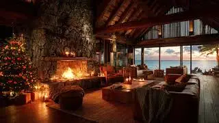 Cozy Hawaiian Christmas Ambience | Fireplace, Ocean Waves, Sunset Lodge for Sleep, Study, Relax