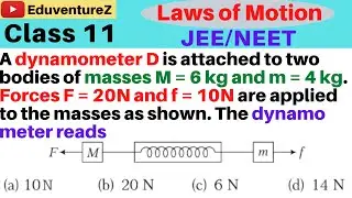 A dynamometer D is attached to two bodies of masses M = 6 kg and m = 4 kg. Forces F = 20N and f = 10
