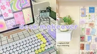 desk & bookshelf makeover 🌱   logitech pop keys unboxing, BTS figurines, simple & cozy set up ☁️