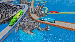 Mack Truck vs King Dinoco Truck vs Chick Hicks Truck vs Impossible Spiral Bridge  - BeamNG.Drive