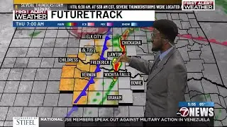 Storms clear out of the area with dry air and breezy conditions; cold front arrives tonight and t...