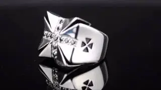 Inox Jewelry Men's Stainless Steel Ring with Iron Cross Design & Black Cubic Zirconia -FR1263