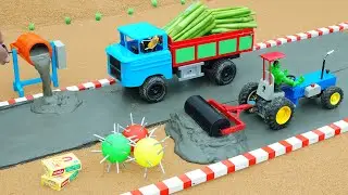 DIY Tractor Mini Brick Truck Rescue & Road Roller | Scientific Project To Build Modern Concrete Road