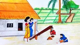 Village Women Lifestyle and Daily Life Drawing