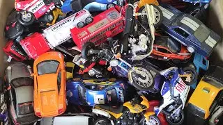 Box Full Of Diecast Cars And Motorcycles Welly, Kinsmart, Maisto, Newray, Bburago and Let's Playing