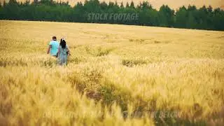 Family with two children are walking through the yellow field