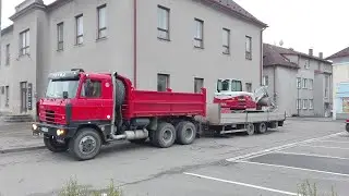 Driving Tatra 815 V10 - Excavator transport - Engine sound - cab view - oldschool truck