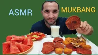 ASMR Mukbang Eating Crispy Chicken, Sausage, Salad, Watermelon & Ayran (Yogurt Drink) | No Talking