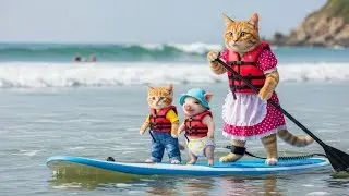 A Pig, Ginger Kitten, and Mama Cat Jump Into the Ocean Together 😂🌊 #CatShorts #CatStory #cat #kitten