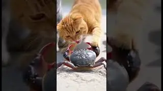 Curious Cat Gets Pinched by a Crab! 😂 | Funny Beach Animal Moment #FunnyAnimals