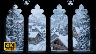 4K Winter Medieval Village Window View ❄️ Snowstorm Ambience, Calming Wind Sounds for Sleep, Study
