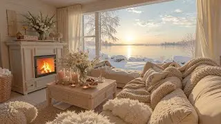 ☕ Peaceful Winter Morning Jazz in a Sunrise Lakeside cabin ❄ Warm Fireplace Ambience for Focus, Calm